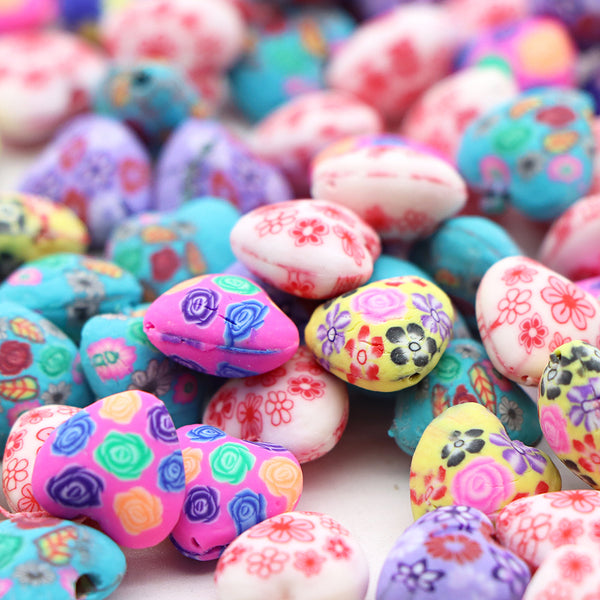 5Pcs Polymer Clay Beads Flowers Printed Heart Shaped Beads with Hole for Jewelry Making DIY Valentine's Day Bracelet Necklace Chain Earrings Charm Bangle Decors Craft Supplies