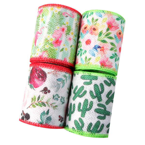 4 Rolls, 63mm Flamingo Cactus Wired Ribbon (5yards/roll), Linen Fabric Flower Wired Edge Ribbons, Decorative Wrapping Ribbons For Wreaths Gift DIY Hairbows Craft Ribbons, Home Room Decor, Holiday Accessory Party Supplies