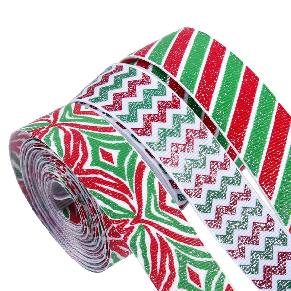 1Rolls，5yard, 22mm/0.87in Christmas Geometric stripes Print Glitter Grosgrain Ribbon Roll for Wreaths Gift Wrapping Party Decoration DIY Hair Bows Crafts Headwear Hair Accessories Garment Decor For Christmas Home Party Decor