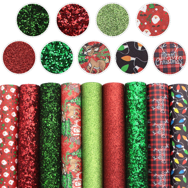 Christmas 9-Piece Set Faux Leather Fabric,7.87x12.99inch,PVC Material Glitter Synthetic Leather- Perfect For Diy Earrings, Bag,Hair Bows, And Crafts