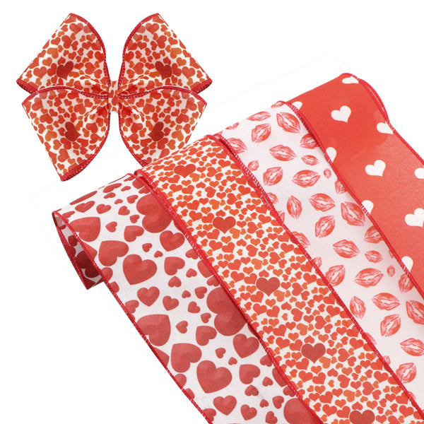 4 Rolls 2.5 Inch X 5 Yards/roll Valentine's Day Red Heart Lips Printed Decorative Imitation Burlap Wire Edge Ribbon Home Decoration For DIY Gift Box Packaging Bowknot Craft Material