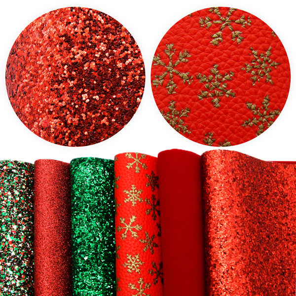 6Pcs/set 7.87x12.99inch Christmas Snow Faux Leather Set Synthetic Leather Fabric Sheets for DIY Earrings Hair Bows Crafts Projects