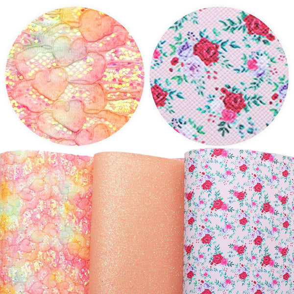 3pcs/set lace flower heart love chunky glitter Faux Synthetic Leather  7.7*12.9inch Fabric Sheets For DIY Bows, Waist Belt, Earrings, Handbag, Phone Case, Pencil Case ,Shoes Bags Artificial Leather Crafts Handmade Material