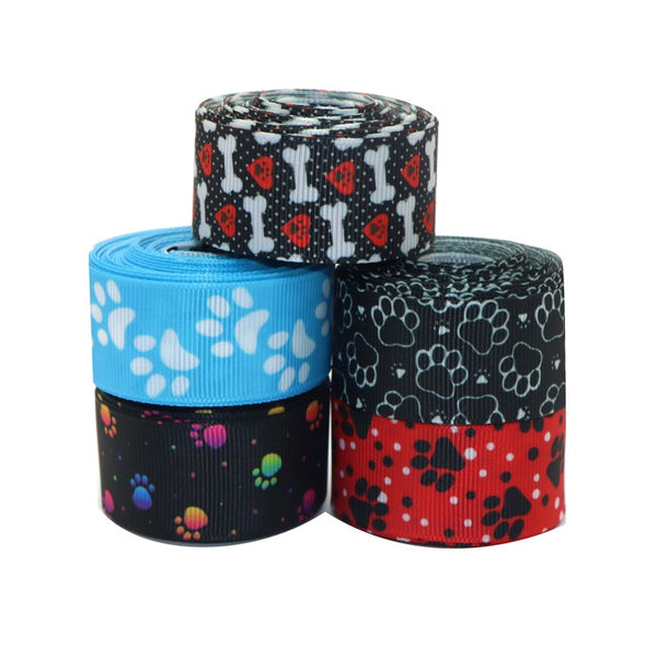 1 Roll 5 Yards 1Inch/25mm Dog Footprint Printed Grosgrain Ribbon For Gift Wrapping Ribbon Holiday DIY Craft Ribbons For Home Party Decor