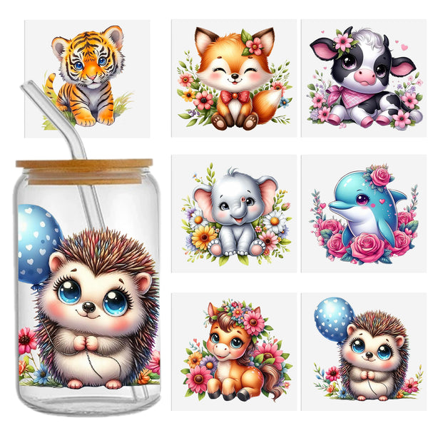 7pcs/set Uv Dtf Transfer cute animal -cow-hedgehog-Dolphin-elephant-fox-horse pattern Design Sticker Libbey Glass Cups Diy Wrap Transfer Sticker Glass Cup Waterproof Sticker Bottle Sticker Adhesive Sticker-High Quality For 16oz