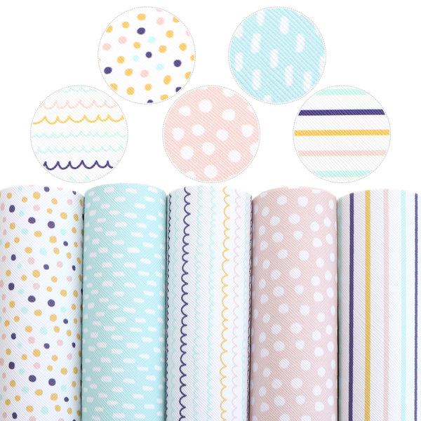 5Pcs Geometry Printed Faux Leather Set Dot Striped Synthetic Leather Fabric Sheets 7.87x12.99inch for DIY Earrings Hair Bows Pouches Crafts Projects