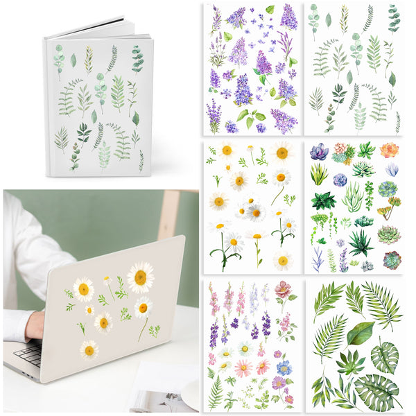 6pcs/set Daisy Iris Clover Eucalyptus UV DTF PVC Waterproof PET Decal Sticker Pack Scrapbook DIY Diary Phone Case Card Making Laptop Decal（14x20cm/5.51x7.87inch）