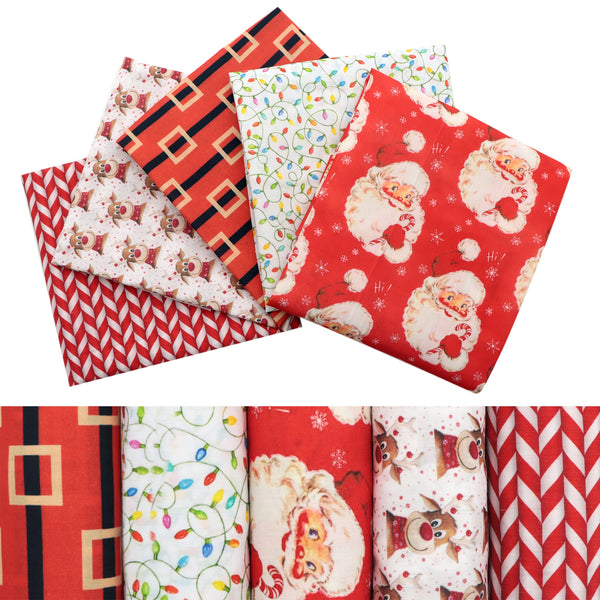 5pcs Christmas Themed Polyester Cotton Fabric Set, 7.87x7.87inch Precut Quilting Squares, Hand Wash Only, No Repeat Patterns for DIY Sewing & Crafting (108gsm)