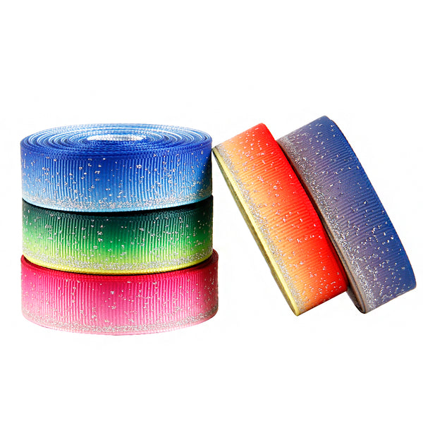 1Roll 5yards Gradient Rainbow Grosgrain Ribbon Roll 16mm Glitter Ribbon for Gift Packaging Wrapping Bouquet Party Decoration DIY Hair Bows Crafts