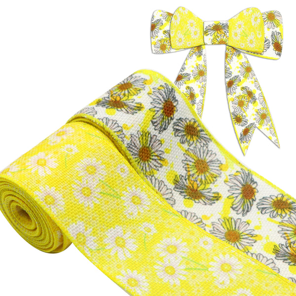 1 Roll 2.5 Inch X 5 Yards/roll Yellow Daisy Printed Decorative Imitation Burlap Wire Edge Ribbon Home Decoration For DIY Gift Box Packaging Bowknot Craft Material