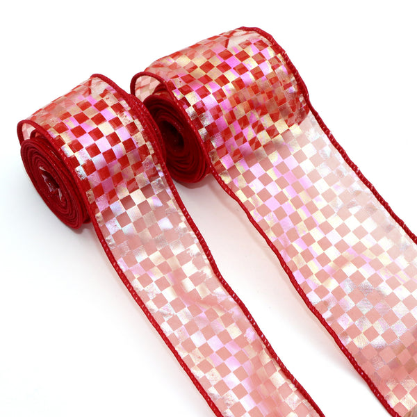 1 Roll 5 Yards 38mm/50mm Red Series Mesh Wired Ribbon Plaid Print Ribbon for DIY Hair Bows Gift Wrap Valentine's Day Christmas Wedding Party Decor Projects