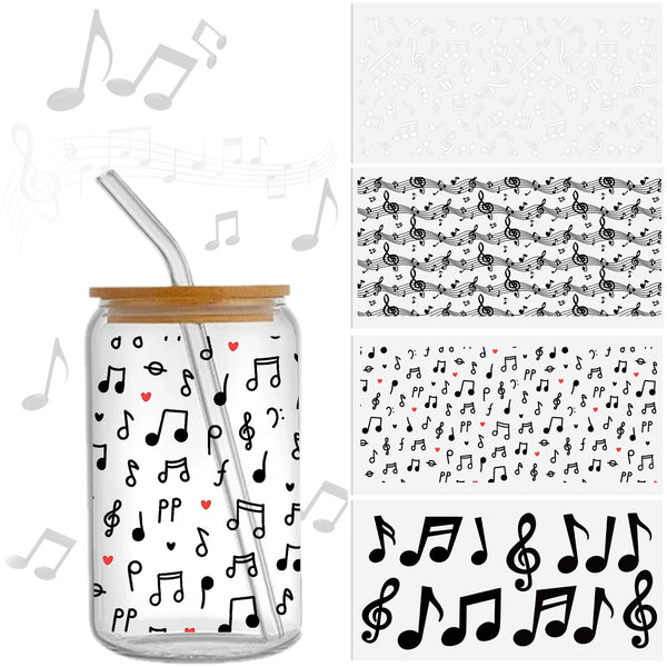 4pcs/set UV DTF Cup Wrap Decals Black and White Notes Series For Any Hard Surface, Scratch-Resistant Decals With Vibrant Colors & UV DTF Transfer Sticker Waterproof Sticker For Libbey Glass Cups 16OZ DIY Tumbler Furniture gift