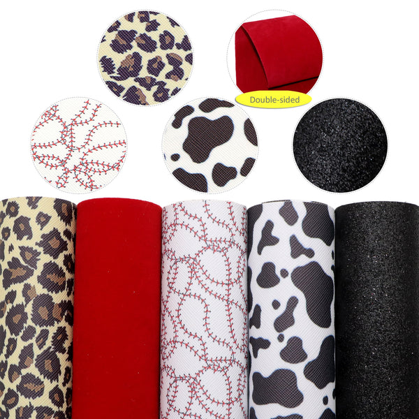 leopard Baseball 5-Piece Set Faux Leather Fabric,7.87x12.99inch,PVC Material Texture Synthetic Leather- Perfect For Diy Earrings, Bag,Hair Bows, And Crafts