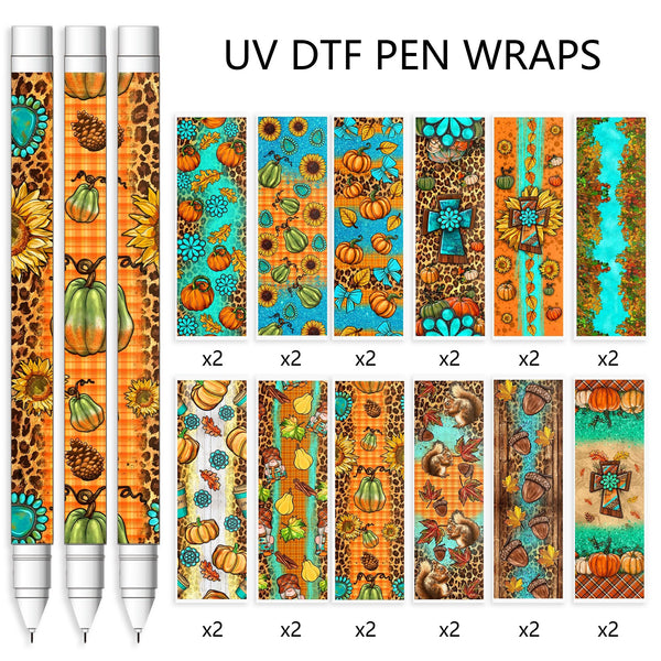 24pcs/set UV DTF Fall Pumpkins Series Pen Wrapping Decals UV DTF Vinyl PVC Stickers Waterslide Epoxy Pen Wrapper PVE For Craft Pen Gift Custom Metal Plastic Stationery Sticker