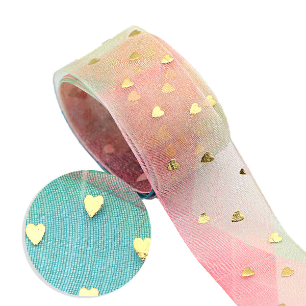 1 Roll,1Inch/25mm X 5 Yards/roll Heart Gold Foil Organza Ribbon For Gift Wrapping Ribbon Valentine's Day Holiday DIY Craft Ribbons For Home Party Decor