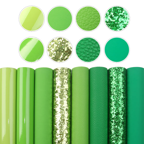 8Pcs/set 7.87x12.99inch Green Series Faux Leather Set Synthetic Leather Fabric Sheets for DIY Earrings Hair Bows Crafts Projects