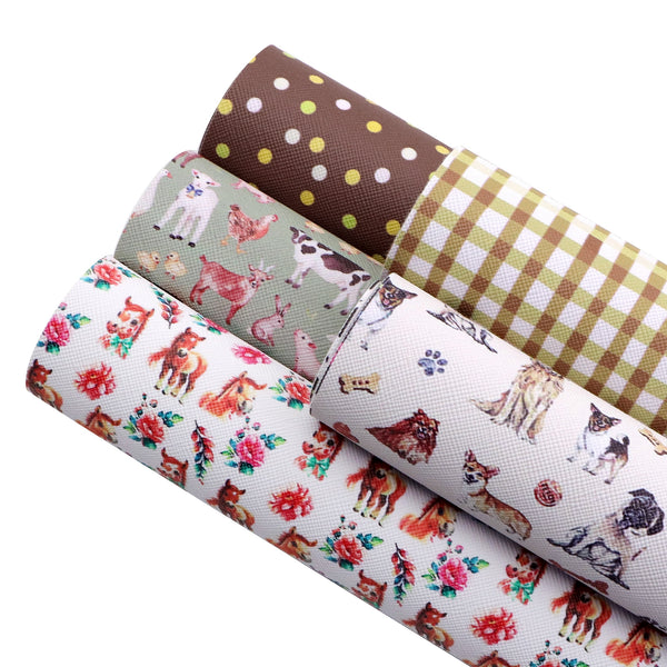 5pcs/set animals dot plaid dog horse pig rabbit cow flower Faux Synthetic Leather Set 7.7*12.9inch Fabric Sheets For DIY Bows Artificial Leather Crafts Handmade Material