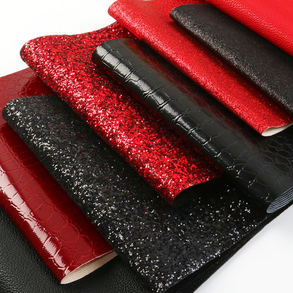 6pcs/set 7.87x12.99inch Solid Color Red and Black Series Faux Leather Set Glitter Bump Textured Synthetic Leather fabric for DIY Earrings Hair Bows Crafts