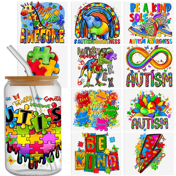 11pcs/set Autism Awareness Designs UV DTF Sticker Transfer DIY Waterproof Adhesive Sticker For 16 OZ Cups Clear Jar Water Bottle Decorate