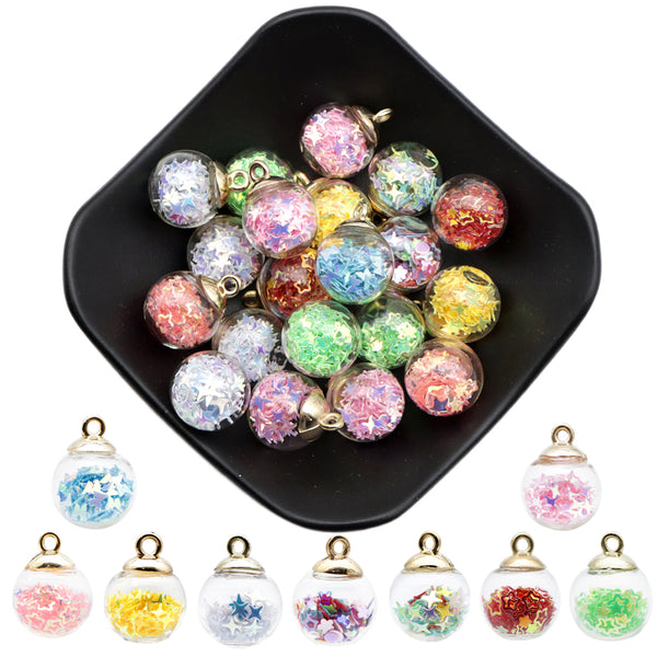 10Pcs Plain Solid Color Fashion Stars Lucky Glass Ball Wishing Bottle Pendant Charms DIY Women Jewelry Necklace Earring Hair Jewelry, Eid al-Fitr Decoration