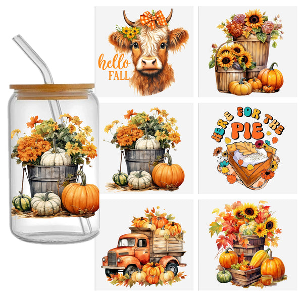 6pcs/set UV DTF Cup Wrap autumn, thanksgiving, pumpkin Series For Any Hard Surface, UV DTF Transfer Sticker Waterproof Sticker For Libbey Glass Cups Tumbler Furniture gift Craft Wood DIY Crafts cup Applies to16OZ-20OZ