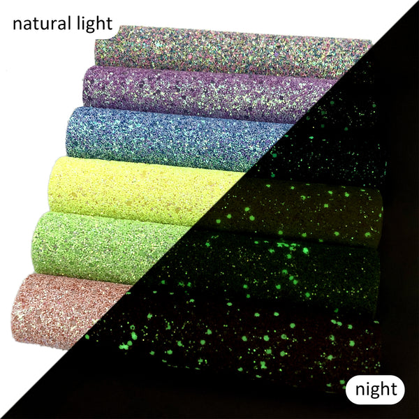 6Pcs/set 7.87x12.99inch Glow in the Dark Faux Leather Set Synthetic Leather Chunky Glitter Fabric Sheets for DIY Earrings Hair Bows Crafts Projects