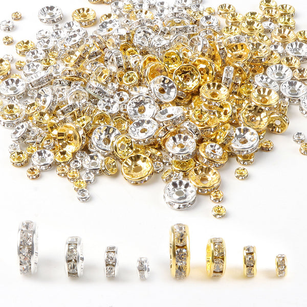 500pcs/box with 1 roll Crystal elastic line Round Rhinestone Spacer Beads, Gold Silver Color Crystal Glass Beads, Charms Beads For Making Necklace Bangle Pendant Jewelry