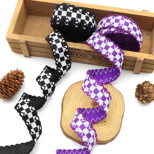 1 Roll, 0.87Inch/22mm X 5 Yards/roll Black Purple Plaid Pattern Double Side Hook Edge Grosgrain Ribbon For Gift Wrapping Ribbon Holiday DIY Craft Ribbons For Home Party Decor