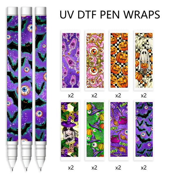 16pcs/set UV DTF Halloween  Pumpkin Eyes Ghost series Pen Wrapping Decals UV DTF Vinyl Stickers Waterslide Epoxy Pen Wrapper For Craft Pen Gift