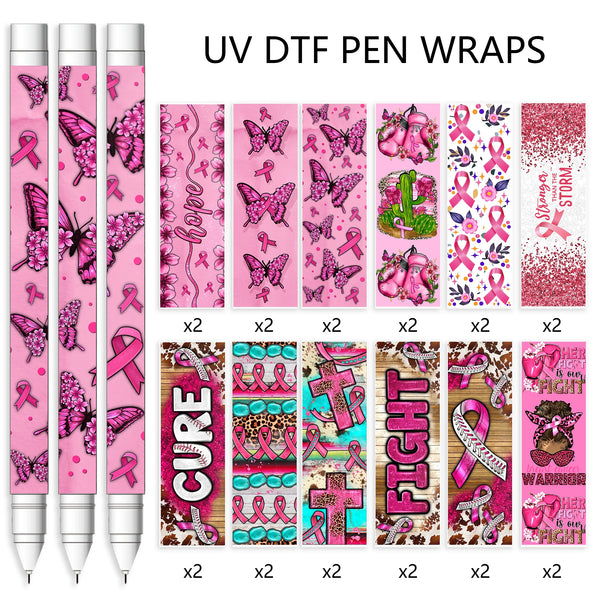 24pcs/set UV DTF Breast Cancer Butterfly Cactus series Pen Wrapping Decals UV DTF Vinyl Stickers Waterslide Epoxy Pen Wrapper For Craft Pen Gift