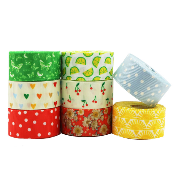 8 Rolls, 1 Inch X 5 Yards/roll Flower Fruit Printed Grosgrain Ribbon Set For Gift Wrapping Ribbon Holiday DIY Craft Ribbons For Home Party Decor