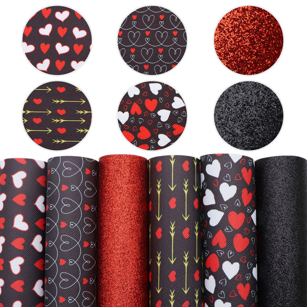 6Pcs/set Valentine's Day Faux Leather Sheets 7.87x12.99inch Heart Love Arrow Printed Solid Color Glitter Synthetic Leather Fabric for DIY Earrings Bows Crafts Festival Decorations