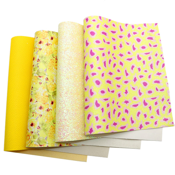 4pcs/set lychee flower leopard chunky glitter Faux Synthetic Leather Set 7.7*12.9inch Fabric Sheets For DIY Bows Artificial Leather Crafts Handmade Material