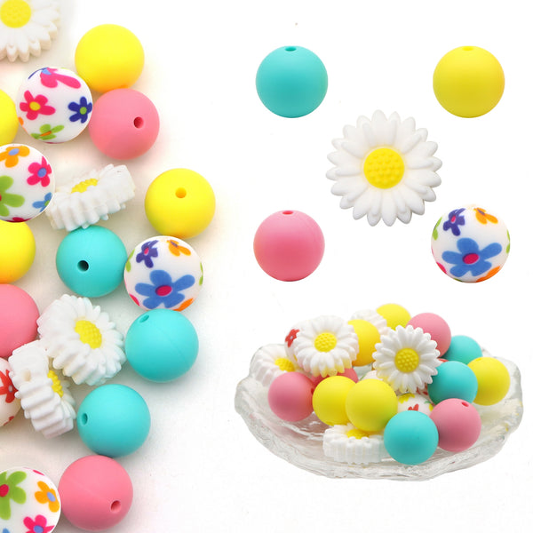 25Pcs 15mm Blossom Daisy Flowers Shaped Silicone Beads Colorful Solid Color Round Silicone Loose Spacer Beads For Jewelry Making DIY Bracelet Pendent Necklace Pen Chain Earrings Charm Bangle Decors Craft Supplies