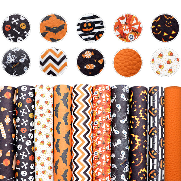 Bat Candy Halloween 10-Piece Set Printed Faux Leather Fabric,7.87x12.99inch,PVC Material Synthetic Leather- Perfect For Diy Earrings, Bag,Hair Bows, And Crafts