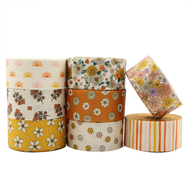 8 Rolls, 1 Inch X 5 Yards/roll Yellow Series Flower Floral Printed Grosgrain Ribbon Set For Gift Wrapping Ribbon Holiday DIY Craft Ribbons For Home Party Decor