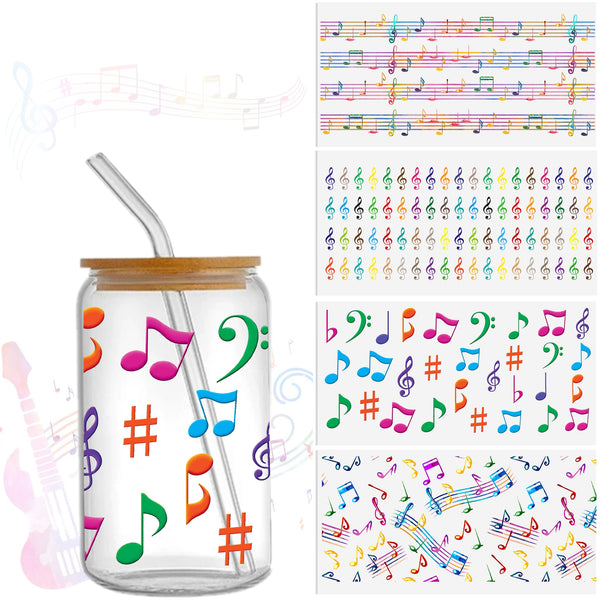 4pcs/set UV DTF Cup Wrap Decals Colored Musical Notes music Series For Any Hard Surface, Scratch-Resistant Decals With Vibrant Colors & UV DTF Transfer Sticker Waterproof Sticker For Libbey Glass Cups 16OZ DIY Tumbler Furniture gift