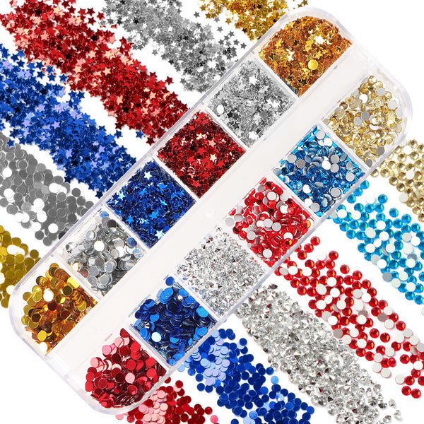 12 styles/box USA Fourth of July Independence Day star dot Glitters Holographic Exquisite Nail Sequins, Nail Art Supplies For Acrylic Nail Decorations