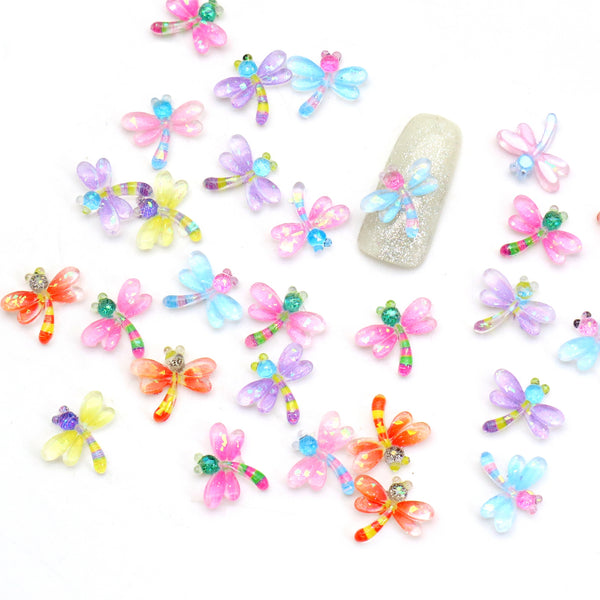 50Pcs Gradient Color Transparent Dragonfly Mix Color Series Nail Charms Acrylic Beads Cabochon For Crafts Flatback Skeleton Shape Stones for DIY Nail Decoration Colors and Designs