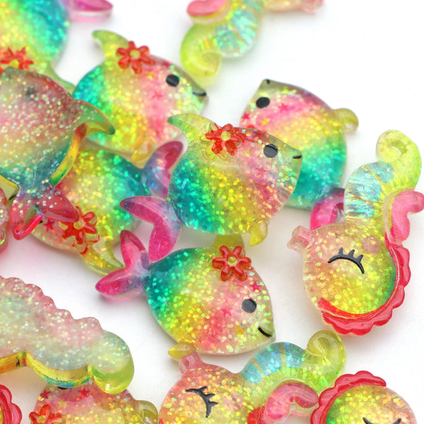 5Pcs/pack Transparent Glitter 3d Resin Seahorse Fish Flatback Cabochon Scrapbook DIY Embellishments Accessories