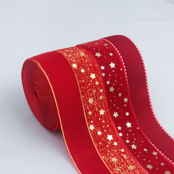 1 Roll 1Inch/25mm X 9 Meters/roll Golden Star Foil Red Series Velvet Ribbon For Party Christmas Home Decoration DIY Gift Box Packaging Bowknot Craft Material