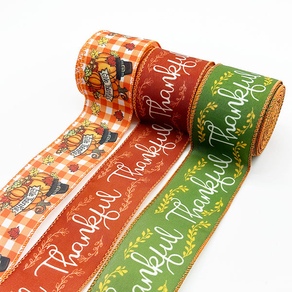 1 Roll 2.5 Inch X 5 Yards/roll Thanksgiving Day Red Green Decorative Imitation Burlap Wire Edge Ribbon Party Decoration For DIY Gift Box Packaging Bowknot Craft Material