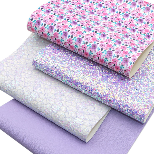 Flower lace chunky glitter sequins Faux Synthetic Leather Set 4piece/set 7.7*12.9inch Fabric Sheets For DIY Bows Leather Crafts Handmade Material