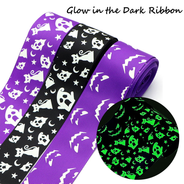 5yards 38mm/1.5 inch Halloween Glow in the Dark Skull Star Print Grosgrain Ribbon Roll For Halloween Wreaths Gift Wrapping Party Decoration DIY Hair Bows Crafts Headwear Decoration Sewing Accessories