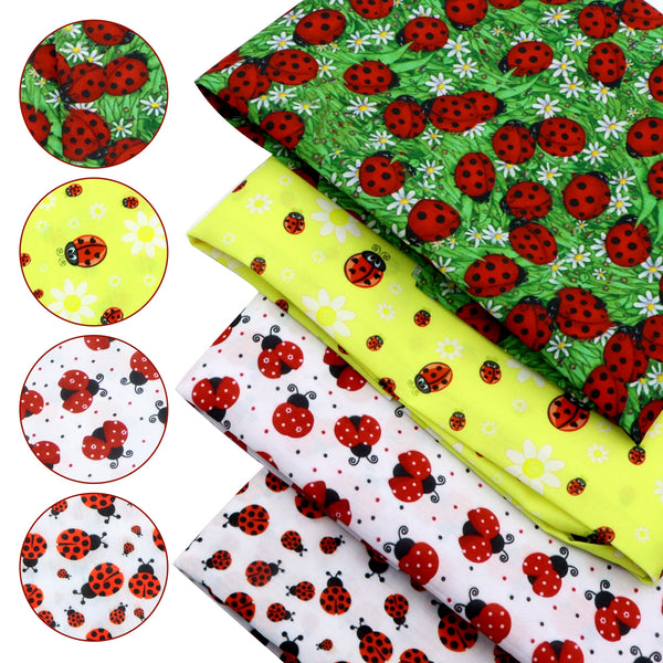 4pcs/set 7.87x7.87inch(20x20cm) Ladybug Animal Fat Quarter Fabric Bundles Cotton Quilting Cotton Craft Fabric Pre-Cut Squares Sheets For Patchwork Sewing Quilting Crafting (108gsm）