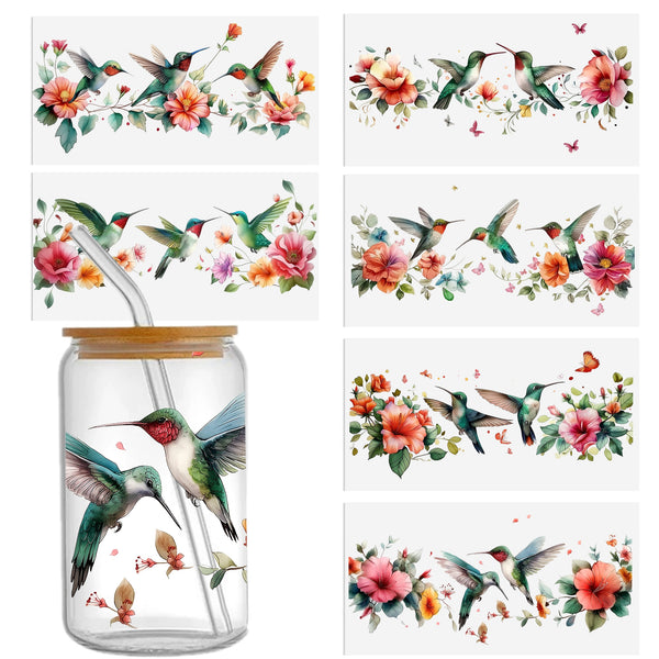 6peices/set Watercolor  Hummingbird UV DTF Transfer Stickers, Colorful Bird Decals for DIY Mug Waterproof, Crystal Embellished Animal Print Self-Adhesive Stickers for Ceramic, Glass, Laptops, Skateboards ， High Quality Single Use Glossy Finish