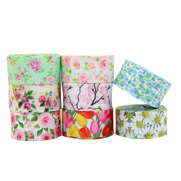 8 Roll, 1 Inch X 5 Yards/roll Flower Floral Printed Grosgrain Ribbon Set For Gift Wrapping Ribbon Holiday DIY Craft Ribbons For Home Party Decor