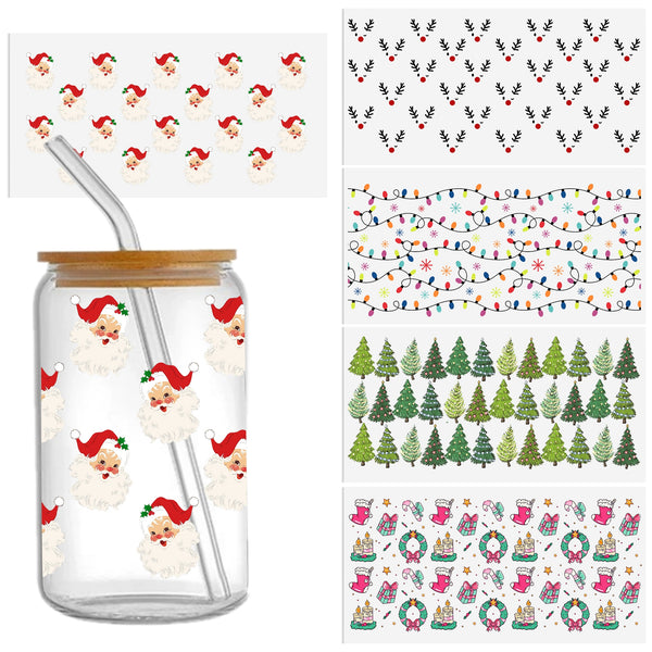 5pieces/set UV DTF Cup Wrap Decals Christmas gingerbread Man Christmas tree Series For Any Hard Surface, Scratch-Resistant Decals With Vibrant Colors & UV DTF Transfer Sticker Waterproof Sticker For Libbey Glass Cups 16OZ DIY Tumbler Furniture gift