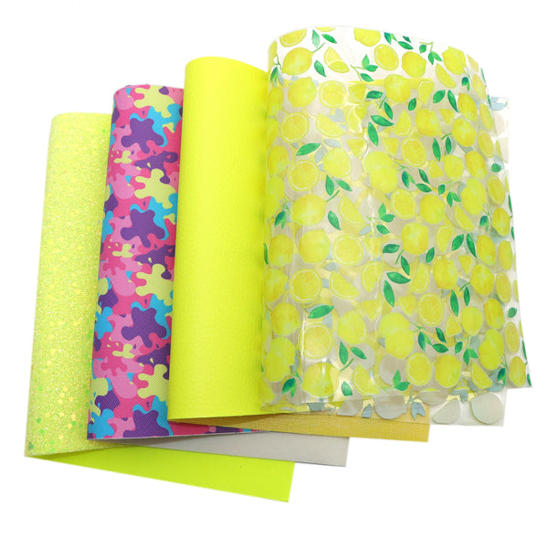 Fluorescent yellow series lemon graffiti Faux Synthetic Leather Set 4piece/set 7.7*12.9inch Fabric Sheets For DIY Bows Leather Crafts Handmade Material