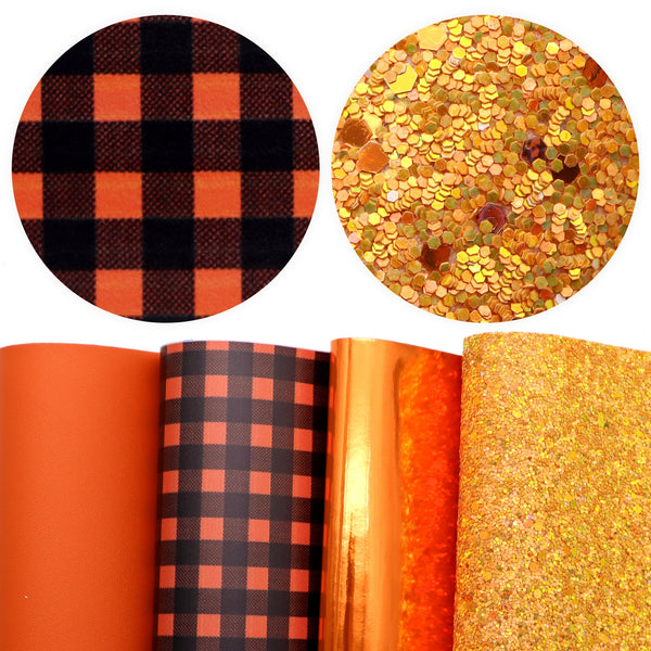 4pcs/set 7.87x12.99inch Solid Color Orange Series Faux Leather Set Glitter Textured Synthetic Leather fabric for DIY Earrings Hair Bows Crafts